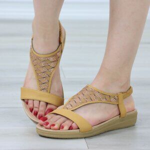 Tan T-Strap Gladiator Comfort Sandal Slip On Sliders